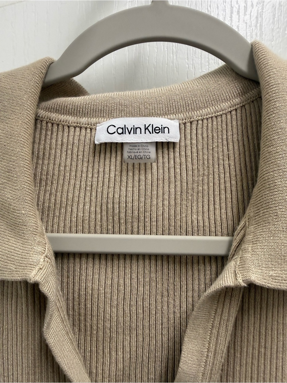 Calvin Klein Women’s XL Ribbed Sleeveless Polo Top Taupe Beige Y2K Minimalist - Picture 3 of 4